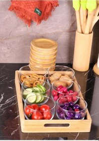 Resim Duo 300ml 6'lı Tepsili Bambu Kapaklı Cam Kahvaltılık Ahşap - Şeffaf 