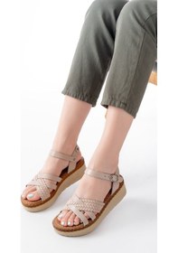 Resim 730-138 Bej Örgü Hakiki Deri Ortopedik Taban Kadın Sandalet Bej 