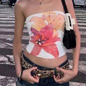 Resim 1 adet Çiçek Desenli Bandeau Üst, %95 Polyester %5 Elastan, Tüm Mevsim Örgü Kumaş Zambağa Baskılı İç ve Dış Giyim İçin Çok Yönlü İçlik 