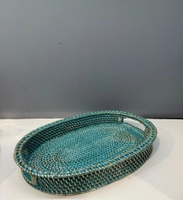 Resim Dekoratif Polyester Hasır Tepsi Turkuaz-gold Eskitme 