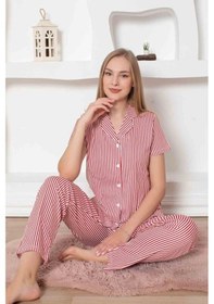 Resim Monox Kadın Önden Düğmeli Kısa Kol Likralı Çizgili Gömlek Pijama Takımı Kırmızı 