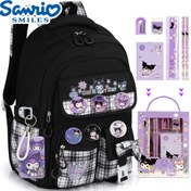 Resim Sanrio Lisanslı Kuromi Büyük Kapasiteli Omuz Çantası, 6 Rozet, Kartlık ve Kırtasiye Seti Dahil – Okul İçin Mükemmel Hediye! 
