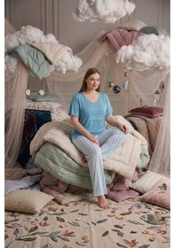 Resim Kadın Büyük Beden Düğmesiz Viskon Kısa Kollu Palazzo Pijama Takımı-oversize Üst Geniş Paça Alt mavi 