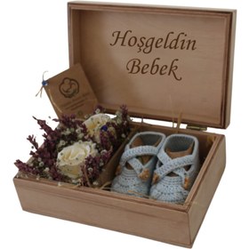 Resim Organic Bonny Baby Kişiye Özel Isimli Organik Patik Mavi Hoşgeldin Bebek Doğum Hediyeliği 