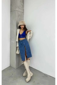 Resim KENE JEANS YÜKSEK BEL MAVİ ÖN FERMUAR DETAYLI KOT ETEK 