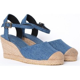 Resim Topuğu Açık Burnu Hasırlı Bilekten Bantlı Mavi Dolgu Topuk Keten Hasır Espadril ES1027-0001 Mavi 