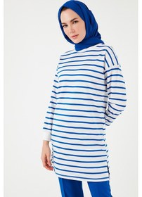 Resim Lela Modest Çizgili Pamuklu Regular Fit Bisiklet Yaka Bayan Tunik 5865784 Saks 