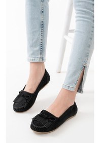 Resim Ps-100 Siyah Süet Püsküllü Günlük Kadın Babet Beyaz 