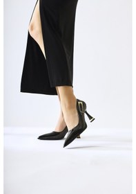 Resim Mithra Siyah Rugan Sivri Burunlu Toka Detaylı Topuklu Ayakkabı 001 