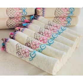 Resim Çeyizlik Kanaviçe Çiçek Desenli Püsküllü Bukle Lüks Mutfak Havlu Seti 30x50 6'lı Set Krem 