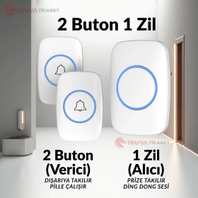 Resim Truva Ticaret Kablosuz Kapı Zili Logosuz Tasarım Uzaktan Kumandalı Led Işıklı - 2 Buton 1 Zil (Beyaz) 