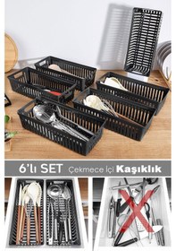 Resim 6'lı Modüler Kaşıklık Seti - Mutfak Düzenleyici Çekmece İçi Organizer Bıçaklık Kepçelik Siyah Siyah 