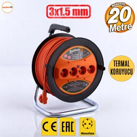 Resim Makaralı CCA Uzatma Kablosu 3x1.5 mm 20 Metre Termal Sigortalı Plastik Seyyar Makara 4 Prizli Monofaze 