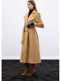 Resim Sateen Geniş Yaka Uzun Kaban - Camel-136666 Camel 