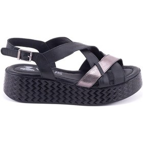Resim Venüs 2409943y Kadın Hakiki Deri Çapraz Geçmeli Dolgu Topuk Sandalet Sıyah 