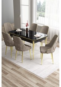 Resim Canisa Tia Serisi 80x132 Açılabilir Mdf Siyah Mermer Desen Gold Detay Masa Takımı Ve 6 Cappucino Sandalye Beyaz 