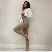 Resim Bej Kadın Nervürlü Örgü Tayt Moda Bej Yüksek Bel Pamuk Spor Temel Pantolon Kadın Rahat Tüm Maç Streç Sıska Tayt Bej 