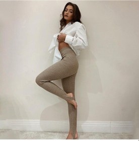 Resim Bej Kadın Nervürlü Örgü Tayt Moda Bej Yüksek Bel Pamuk Spor Temel Pantolon Kadın Rahat Tüm Maç Streç Sıska Tayt Bej 