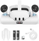 Resim Oculus Meta Quest 3 Aksesuarı için Hızlı Şarj İstasyonu, LED Göstergeli Quest 3 için Manyetik Şarj İstasyonu, Meta 3 Denetleyicileri ve Kulaklık için 2 x 1800 mAh Şarj Edilebilir Pil içerir 