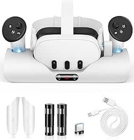 Resim Oculus Meta Quest 3 Aksesuarı için Hızlı Şarj İstasyonu, LED Göstergeli Quest 3 için Manyetik Şarj İstasyonu, Meta 3 Denetleyicileri ve Kulaklık için 2 x 1800 mAh Şarj Edilebilir Pil içerir 