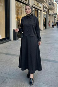 Resim adamila Kadın Saten Omuz Pileli Gömlekli Etek Takım - Dökümlü İkili Takım Tesettür Giyim 