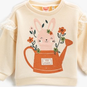 Resim Kız Bebek Sweatshirt Tavşancık Baskılı Tüllü Fırfır Detaylı Uzun Kollu 