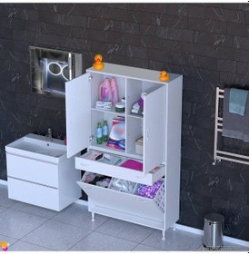 Resim Modilayn Yeni Afra 90x173x32,5 Cm' Lik 1 Çekmece, 3 Göz Sepet, 2 Kapak, 4 Raf Dar Alan Banyo Dolabı Beyaz 