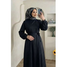 Resim Modestim Kadın Siyah Saten Tesettür Abiye Elbise Uzun Kollu Kuşaklı Düğün Nişan Özel Gün Tesettür Elbise 
