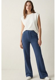 Resim Elemge Pamuklu Kadın Eşofman Altı Yüksek Bel İndigo Mavi Dar Kalıp Flare Fit Geniş Paça Cepli Esnek Likralı 
