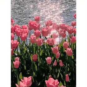 Resim 5D Elmas Boyama Seti - Göl Kenarlıklı Pembe Laleler, 29.97x40.13 cm, Araçlarla Tam Yuvarlak Elmaslar, Başlangıçlar İçin Bitirilmemiş Tuval Sanat, Yatak Odası ve Oturma Odası Dekoru İçin Mükemmel, Elmas Boyama Aksesuarları 