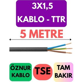Resim Öznur 3x1,5 Ttr Kablo Metre Seçenekli Siyah - 5 Metre 