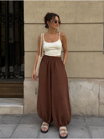 Resim ekim aslan boutique kahve müslin bel lastik bol şalvar pantolon 