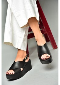 Resim Fox Shoesp555327503 Siyah Hakiki Deri Dolgu Topuklu Kadın Ayakkabı Siyah 