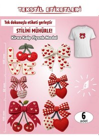 Resim Ütü İle Yapışan Kıyafet Etiketi Kiraz Kalp Fiyonk Temalı 6lı Set Karışık 