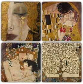 Resim Oscar Stone Decor Taş Bardak Altlığı Stone Coasters - 4 Lü Set(10 Cmx10 Cm) Gustav Klimt Ba477 