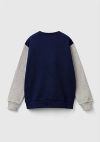 Resim United Colors Of Benetton Erkek Çocuk Saks Mavi Mix Önü Logo Baskılı Bisiklet Yaka Ribanalı Sweatshirt Mavi 