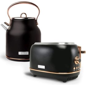 Resim 2'li Set Heritage Su Isıtıcı ve Ekmek Kızartma Makinesi, Ingiliz Zarafeti ve Ihtişamı, Siyah, Bakır 