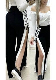 Resim Tua Moda Kadın Yüksek Bel Yandan Çapraz Bağcıklı Yırtmaçlı Viskon Iki Iplik Pantolon Siyah 