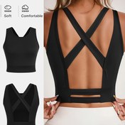 Resim Kadın Siyah Çapraz Spor Yeleği - Yaz Yeni Gelen, Koşu ve Açık Hava Aktiviteleri için Esnek Yoga Atleti, Nefes Alabilen Açık Genişlik Tasarımı, Fitness Giyim | Trendy Yoga Üstü | Orta Esneklikli Kumaş 