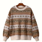 Resim Kış ve Sonbahar için Rahat Yaka Kazak, Çizgili Uzun Kollu Kazak, Kadın Giyim 