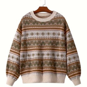 Resim Kış ve Sonbahar için Rahat Yaka Kazak, Çizgili Uzun Kollu Kazak, Kadın Giyim 