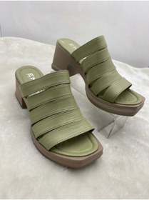 Resim ÇİĞDEM KUNDURA Çiğdem Pastel Yeşil Gerçek Deri Platform Topuklu Terlik 