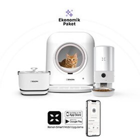 Resim Xenon Smart Akıllı Otomatik Kedi Tuvaleti Çelik Hazneli Mama Kabı Ultra Sessiz Bataryalı Su Pınarı 3'lü Pet Seti 