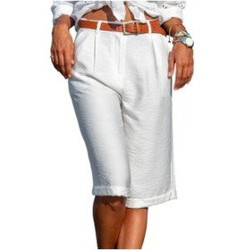 Resim Beyaz Orta Bel Cepler Düz Geniş Bacak Kadın Şort Düz Renk Diz Boyu Şort Beyaz 