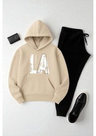 Resim Uyguntarz Unisex Los Angeles Baskılı Eşofman Takımı Bej 