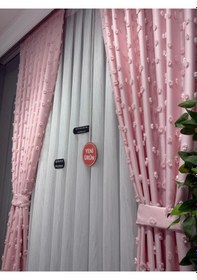 Resim İşlemeli Modern Şeker Pembesi Ponpon Fon Perde Seyrek Pile Tek Kanat 1/2 Açık Pudra Pembe 