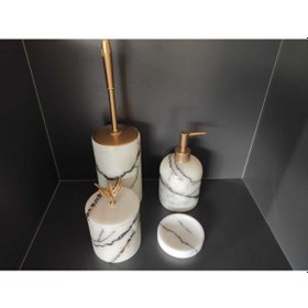 Resim Leylak Mermer Sıvı Sabunluk, Pamukluk, Wc Fırçalığı, Katı Sabunluk- Roz Gold Beyaz 