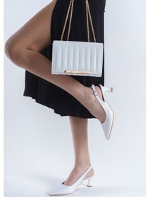 Resim Zlato Beyaz Arkası Açık Topuklu Stiletto Ayakkabı Ve Çanta Kombini Beyaz 