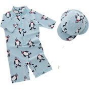 Resim Erkek Çocuk Mayo Upf50+ Güneş Korumalı Penguen Desenli Şapka Mayo Set Mavi 