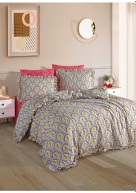 Resim Pamuklu Fırfırlı Çift Kişilik Nevresim Seti--retro Yelpaze Deseni--uh-00084 Gri - Sarı 